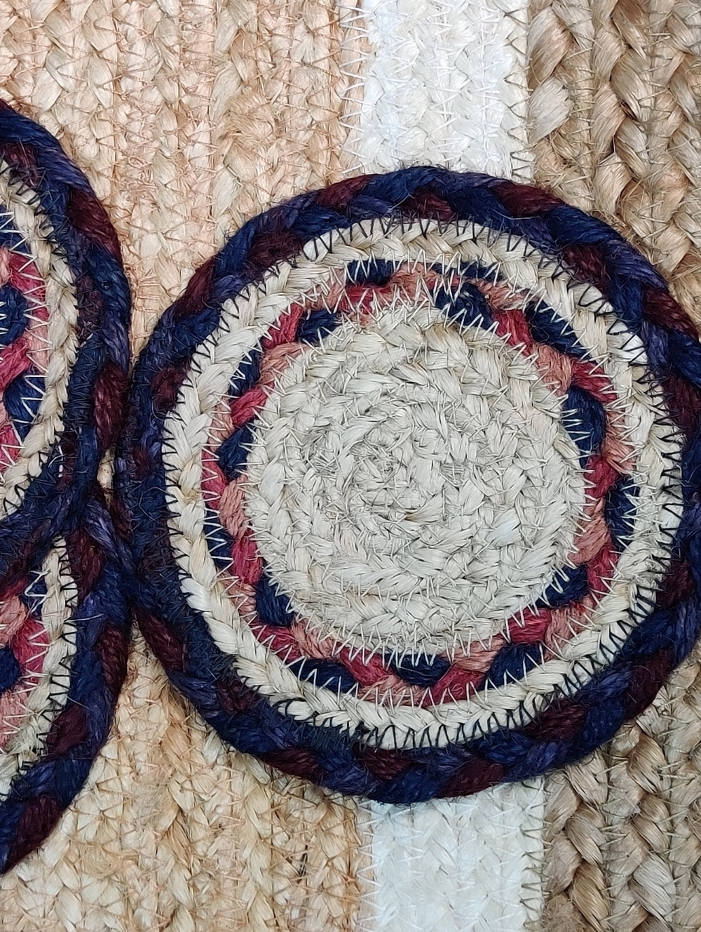 Set Of 3 Round Braided Coaster - Pink, Natural, Black